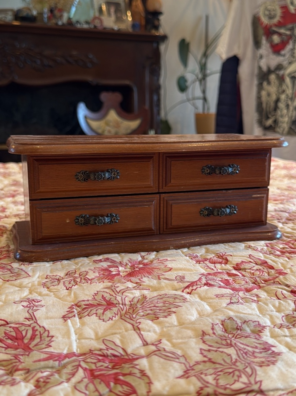 Vintage Wooden Four-Drawer Jewelry Box with Ornate Handles Brown